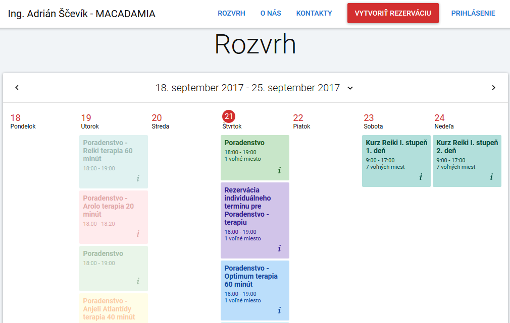 Rezervacny system kalendar udalosti MACADAMIA